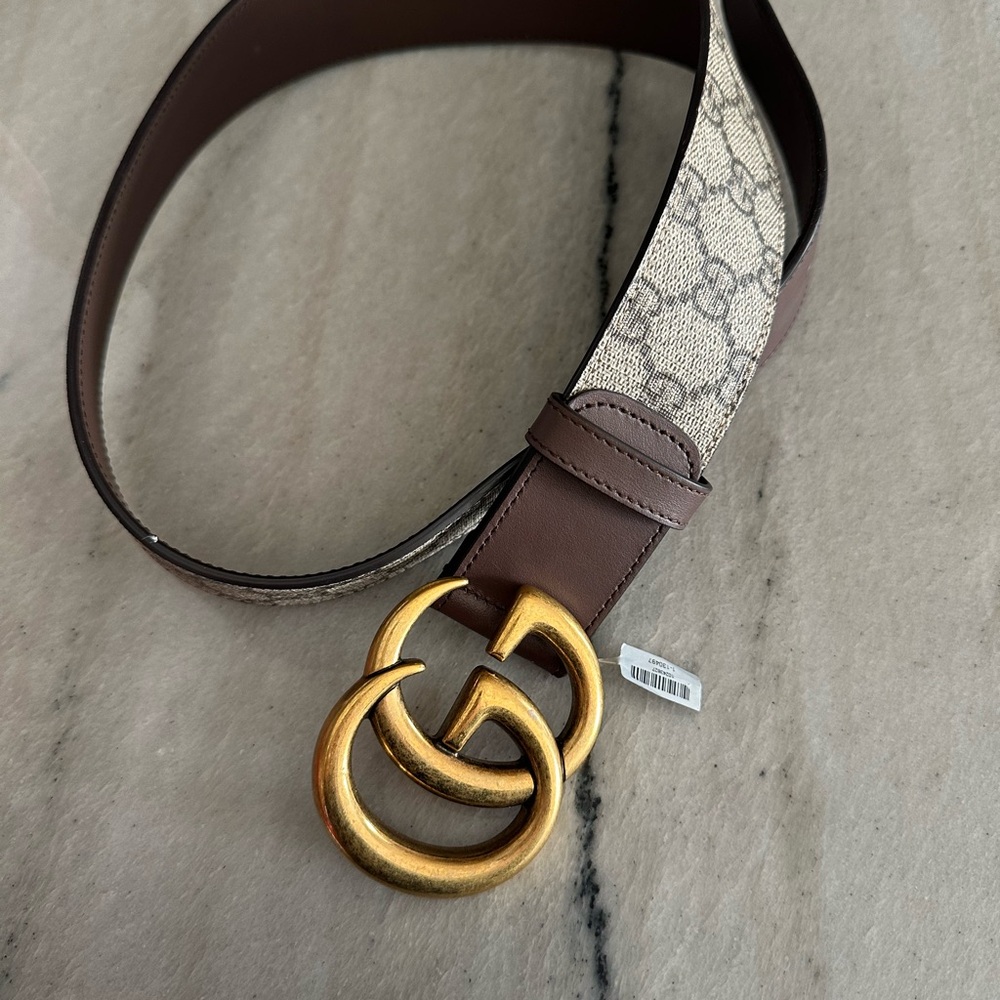 Gucci Brown Leather and Beige GG Canvas Belt with Gold Double G Buckle